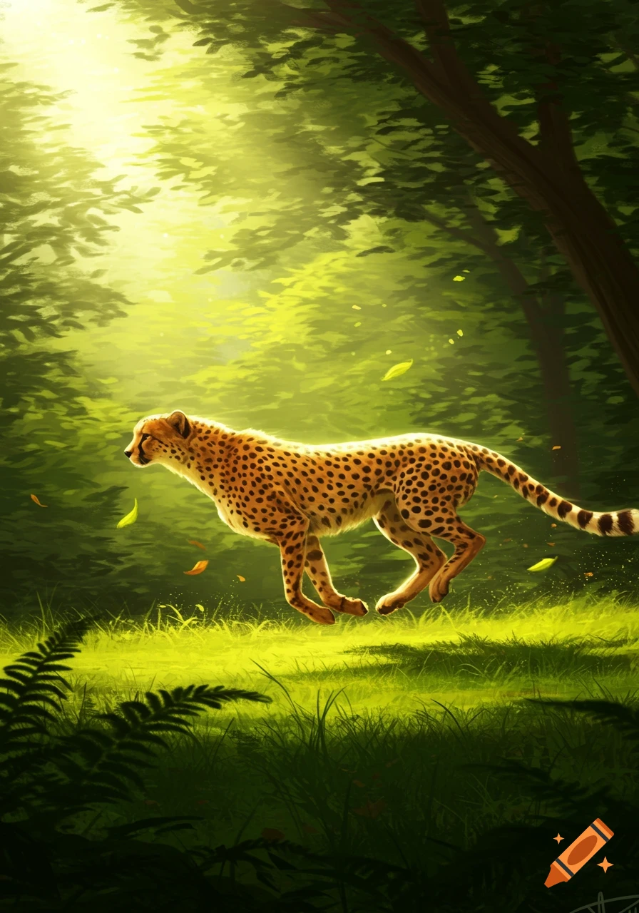 A cheetah runs through a sun-dappled green forest in a stylized illustration.
