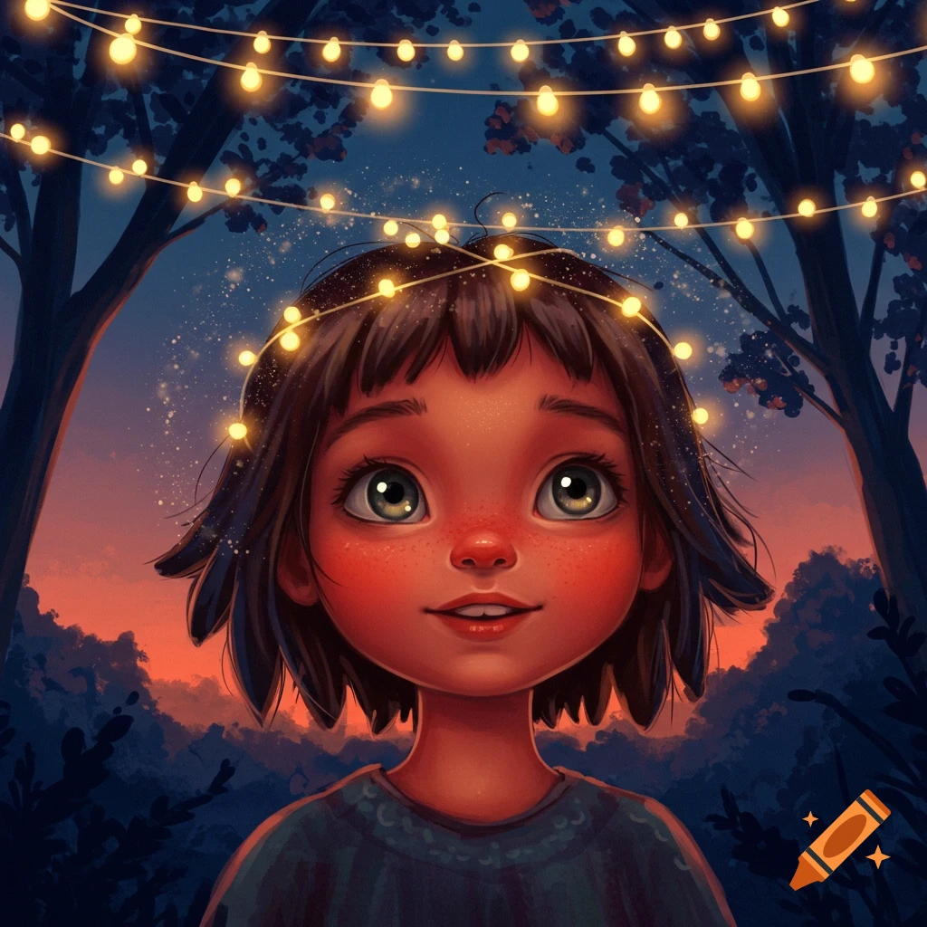 A close-up illustration of a wide-eyed girl with fairy lights above her head, against a twilight forest background.
