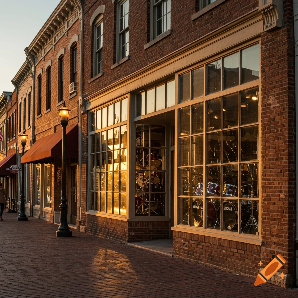 Photorealistic image of an old brick building storefront with drum sets visible through windows, bathed in golden sunset light on a city street.