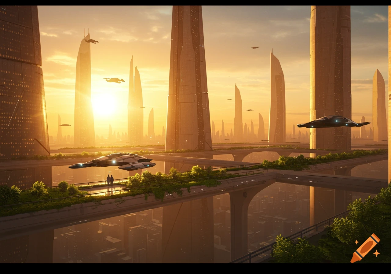 A futuristic cityscape at sunrise with tall, sleek buildings, elevated walkways, and flying vehicles over reflective waters.