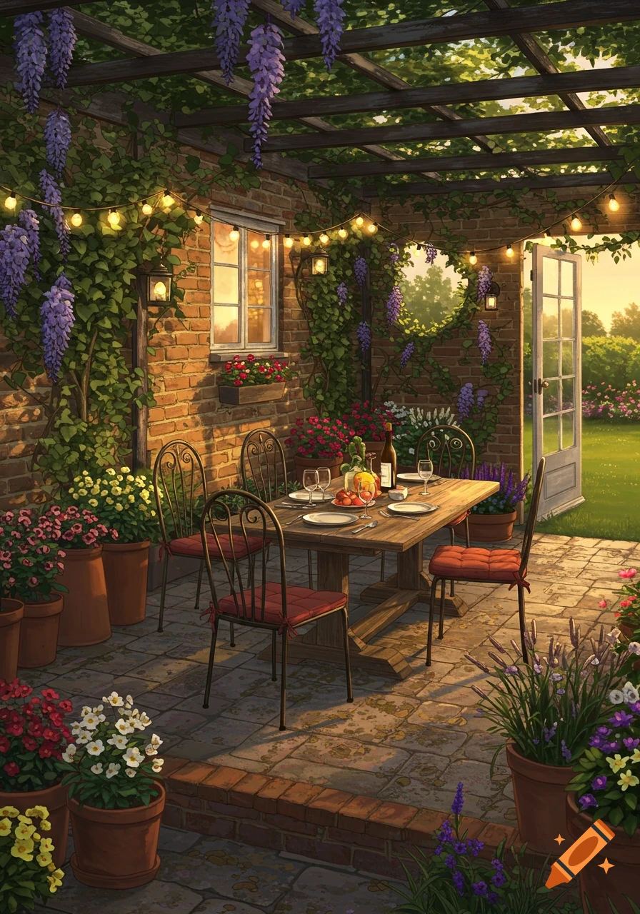 A cozy outdoor patio with a brick wall, string lights, a dining table set for dinner, and lush purple wisteria and potted flowers.