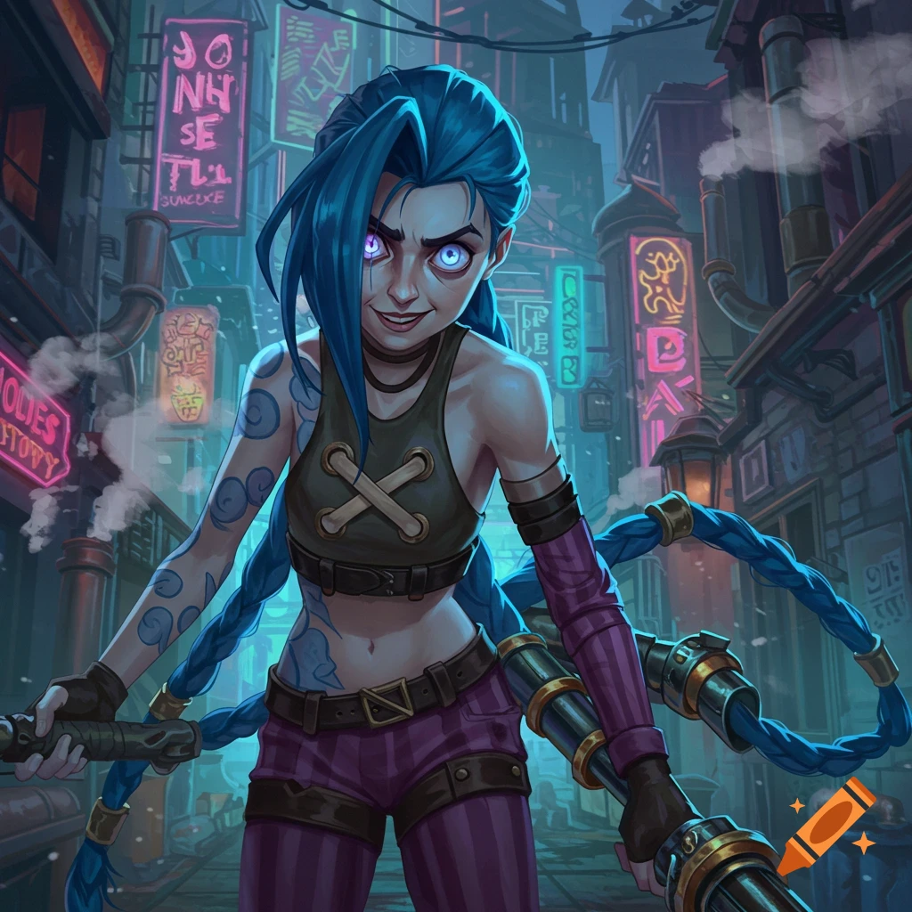 Jinx from Arcane smiles maniacally in a neon-lit, cyberpunk-style city street, holding a weapon.