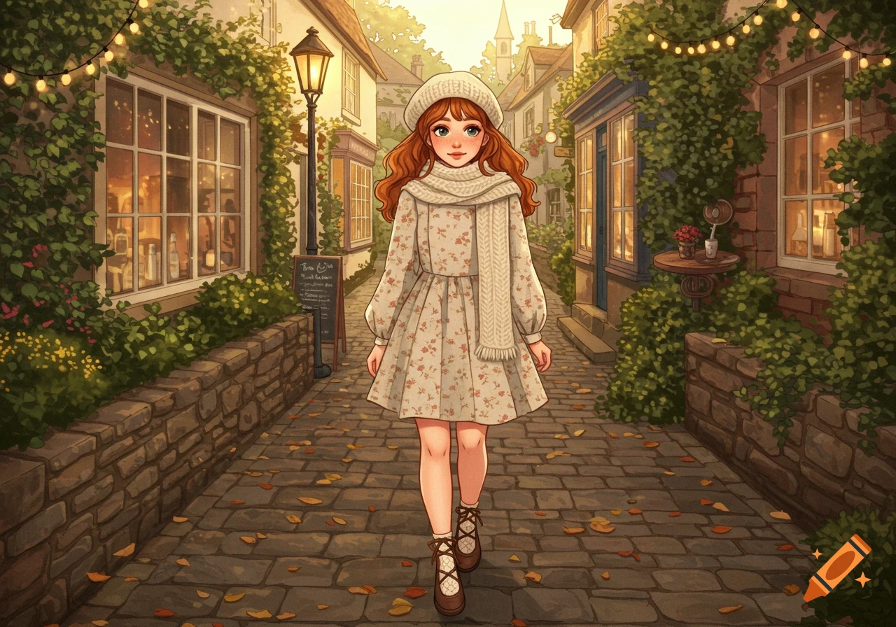 A cartoon girl with burnt orange hair in a white dress and scarf walks on a cobblestone street lined with vine-covered buildings.