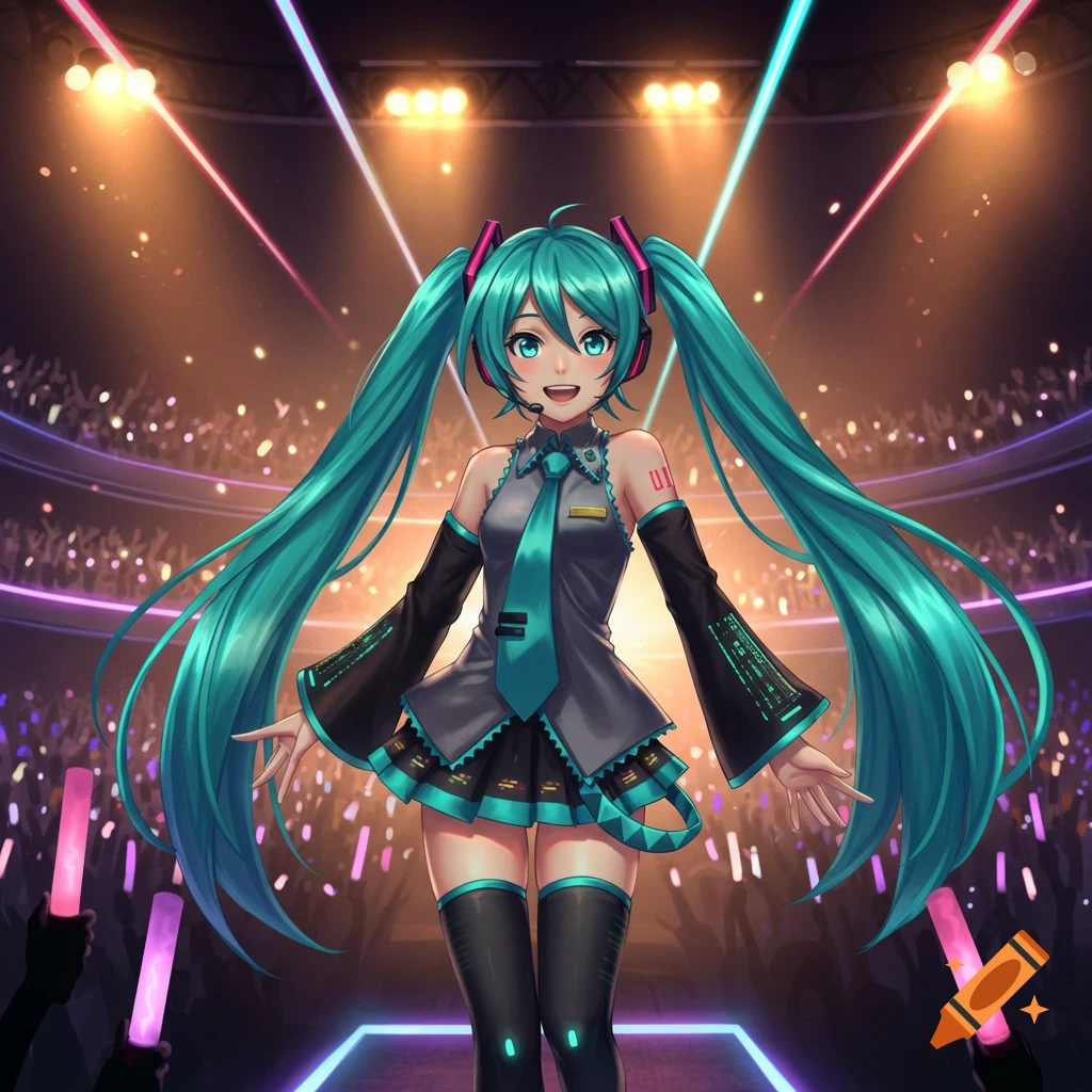 Hatsune Miku, an anime character with long turquoise pigtails, smiles on a bright concert stage with a cheering crowd.