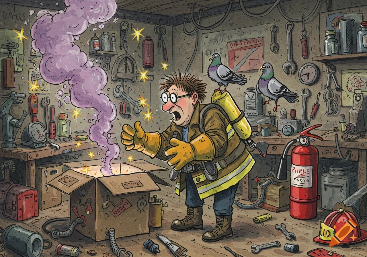 Cartoon man in a messy workshop reacts in surprise as purple smoke and sparks burst from a box, with two pigeons perched on him and a shelf.