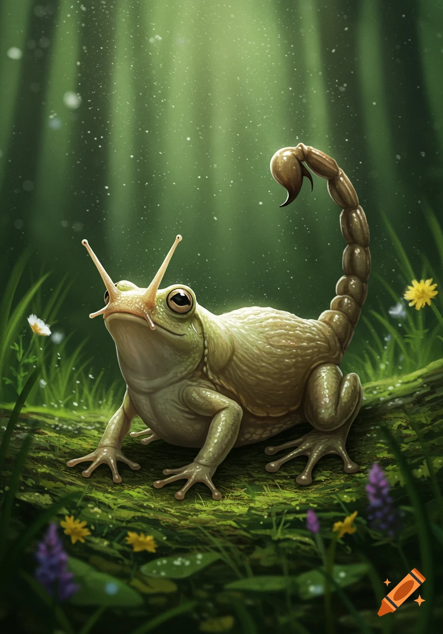 A creature with a frog's head, slug-like body, and scorpion tail sits on a mossy log in a lush, sunlit forest.