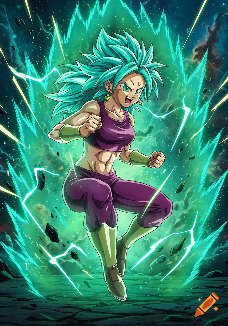 A vibrant anime illustration of Kefla from Dragon Ball Super, with teal hair, surrounded by green energy and floating debris.
