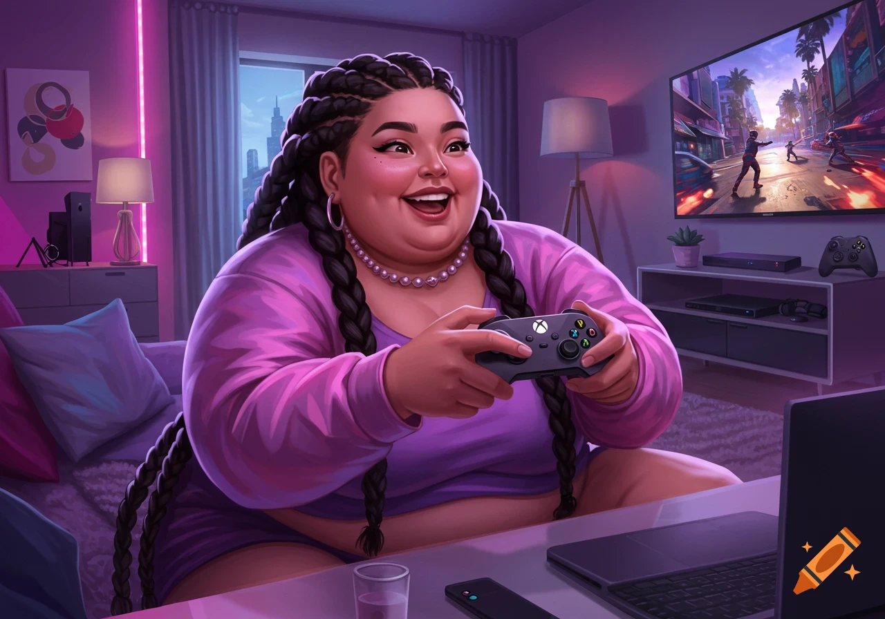 A joyful chubby woman with braids playing an Xbox game in a neon-lit room at night, digital art.