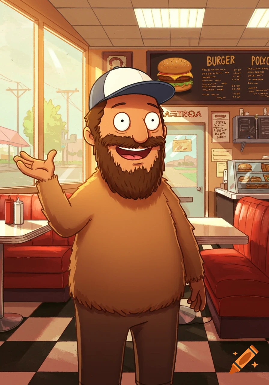A bearded cartoon man in a cap, resembling Teddy from Bob's Burgers, stands smiling in a diner with a menu board and booths.
