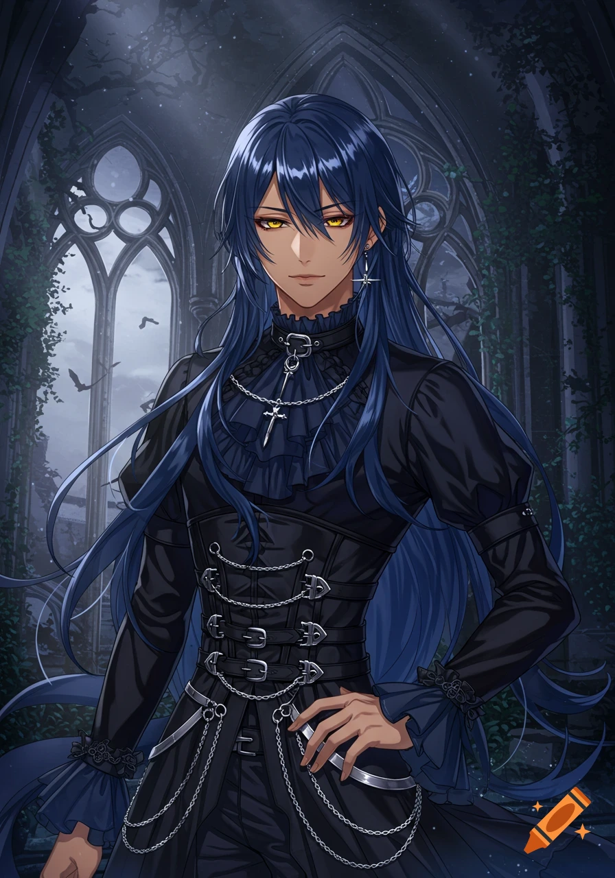 Anime male character with long blue hair, golden eyes, and tan skin, wearing a black gothic outfit, standing in a dark ruined castle.
