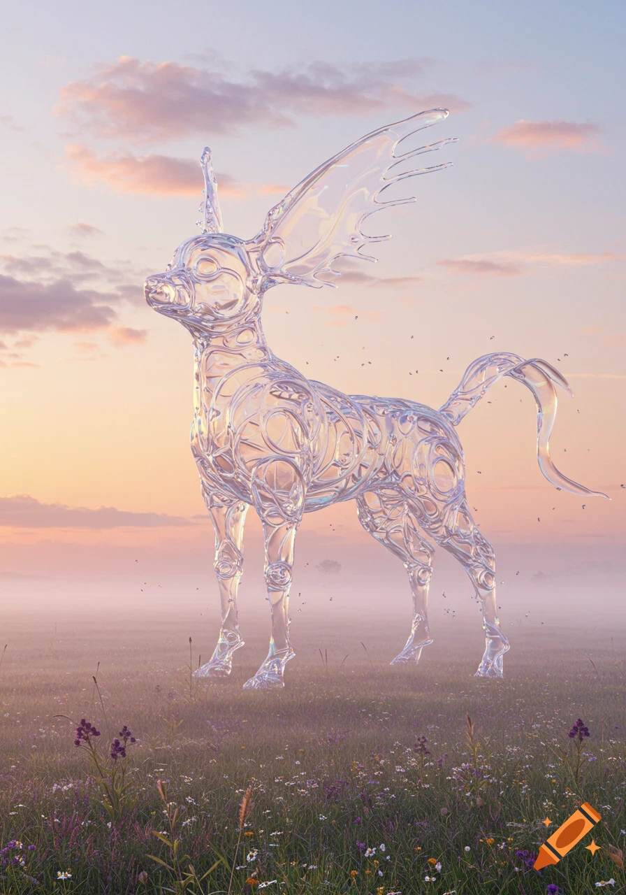 A giant translucent glass Chihuahua stands in a misty field of wildflowers under a pastel sky at dawn.