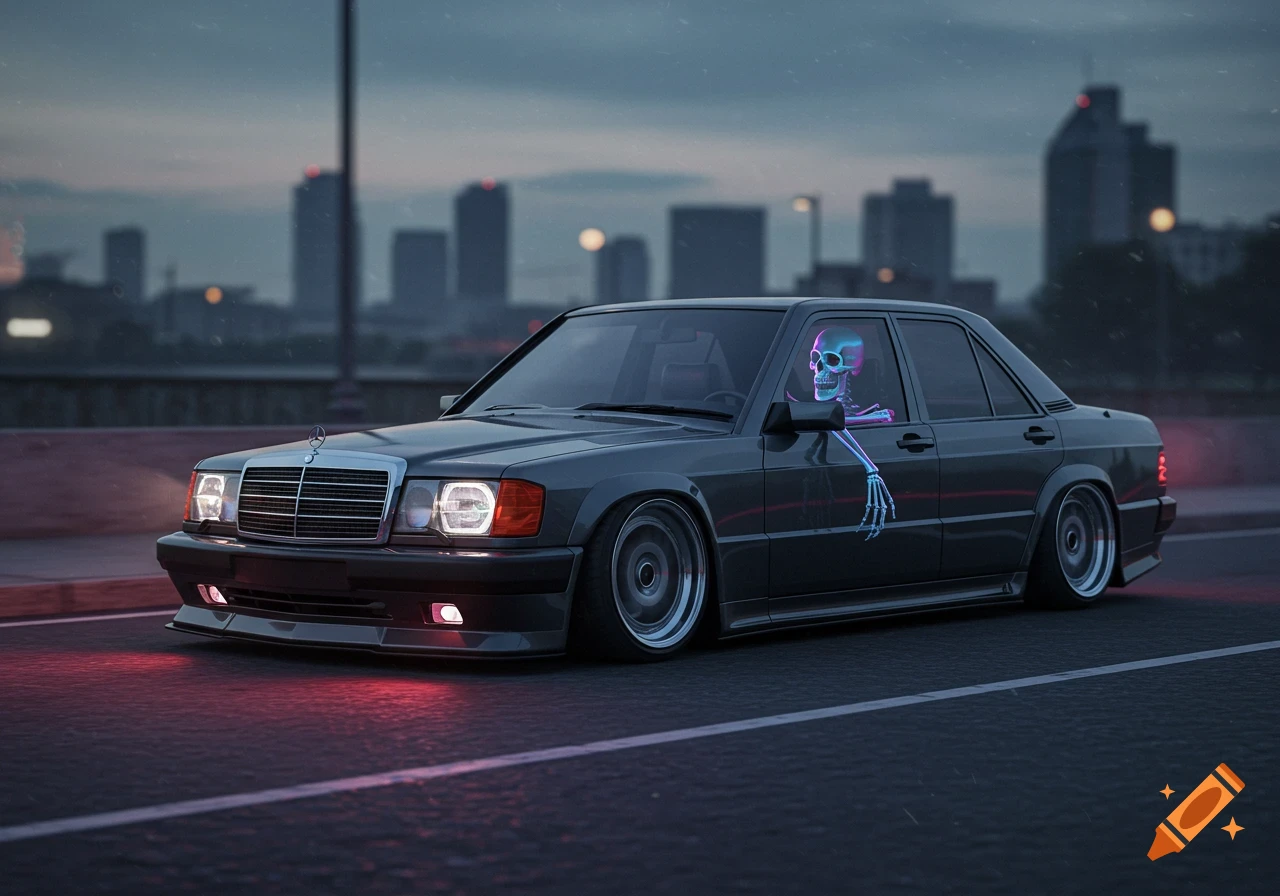A low-rider grey Mercedes-Benz 190 car on a dark city street at dusk, with a glowing blue and pink skeleton driving and its arm hanging out the window.