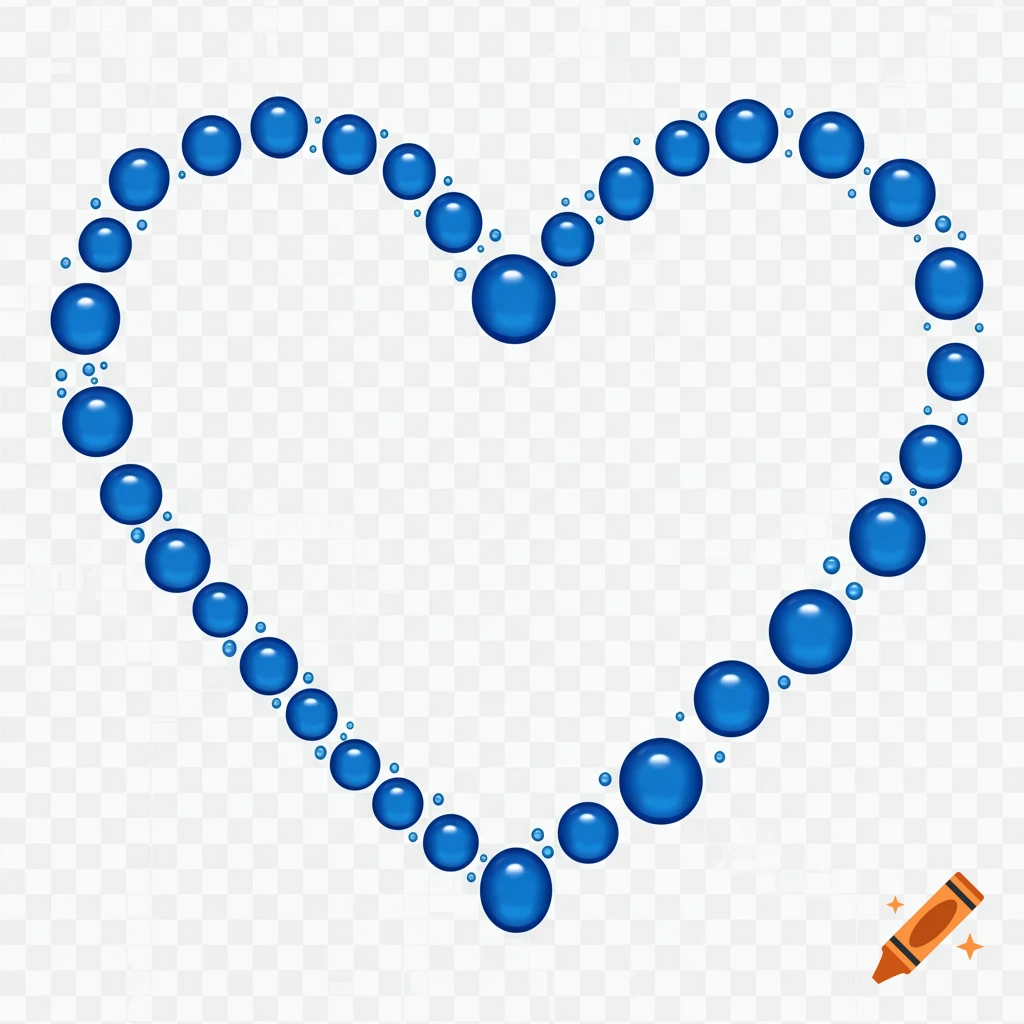 A heart outline formed by many blue, glossy water droplets on a transparent background.