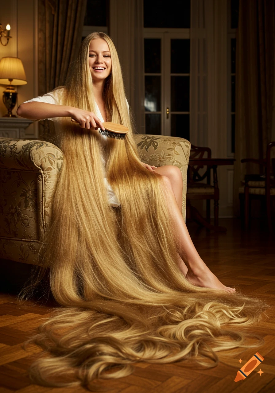 Photorealistic image of a woman with extremely long blonde hair, sitting on a couch and brushing it, the hair flowing across the furniture and floor.