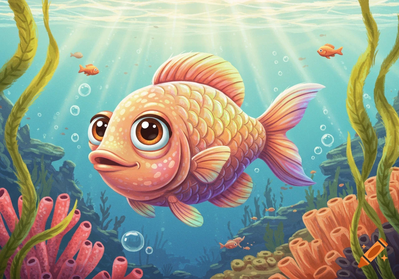 A vibrant cartoon goldfish with large eyes swims in a clear blue ocean among colorful coral, seaweed, and bubbles.