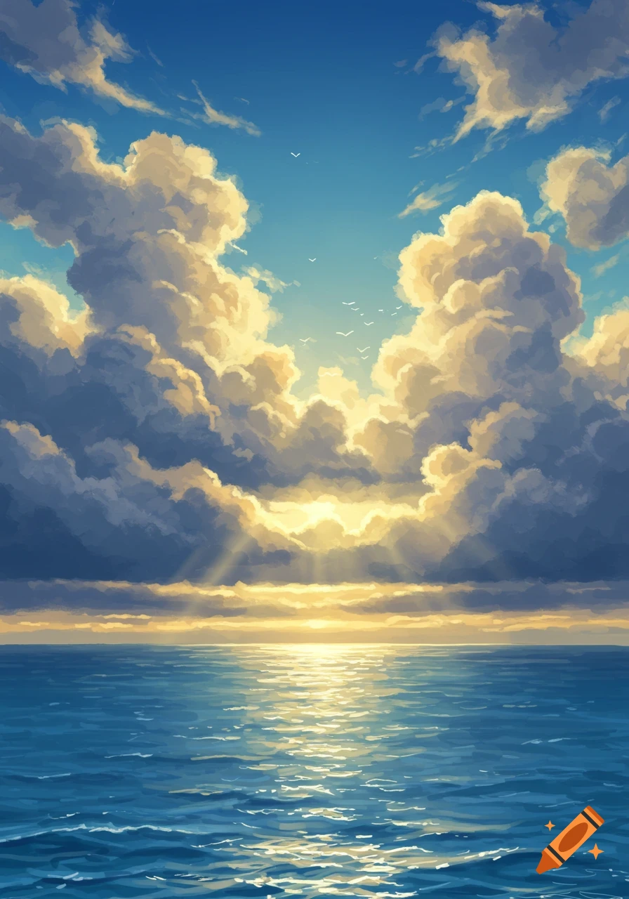 Vibrant blue ocean under a dramatic sky with golden sun rays breaking through large, fluffy clouds at sunrise or sunset.