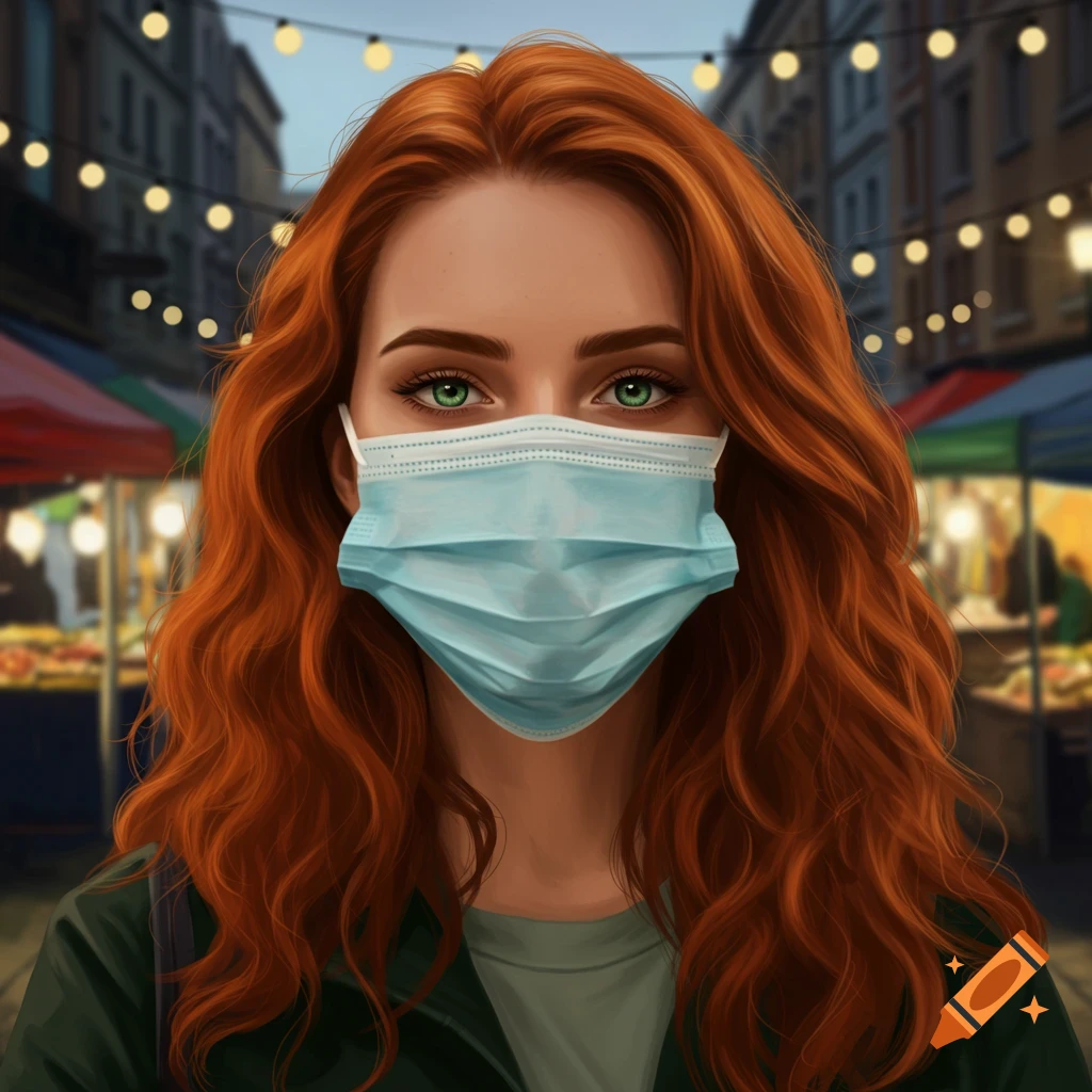 A digital art portrait of a red-headed woman with striking green eyes, wearing a light blue surgical mask, in a bustling outdoor market at night.