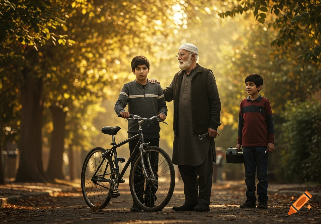 A grandfather stands with two boys and a bicycle on a sunlit path, surrounded by trees with autumn leaves.