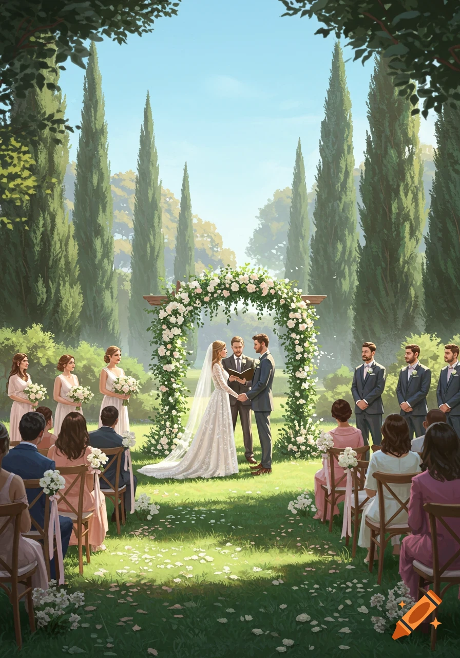 An outdoor wedding ceremony with a bride and groom under a white floral arch, surrounded by guests and tall green trees.