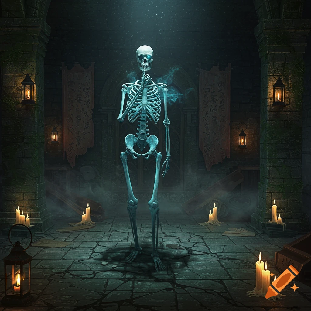 A glowing blue skeleton with one finger over its mouth, making a hush sign in a dark, candlelit dungeon.
