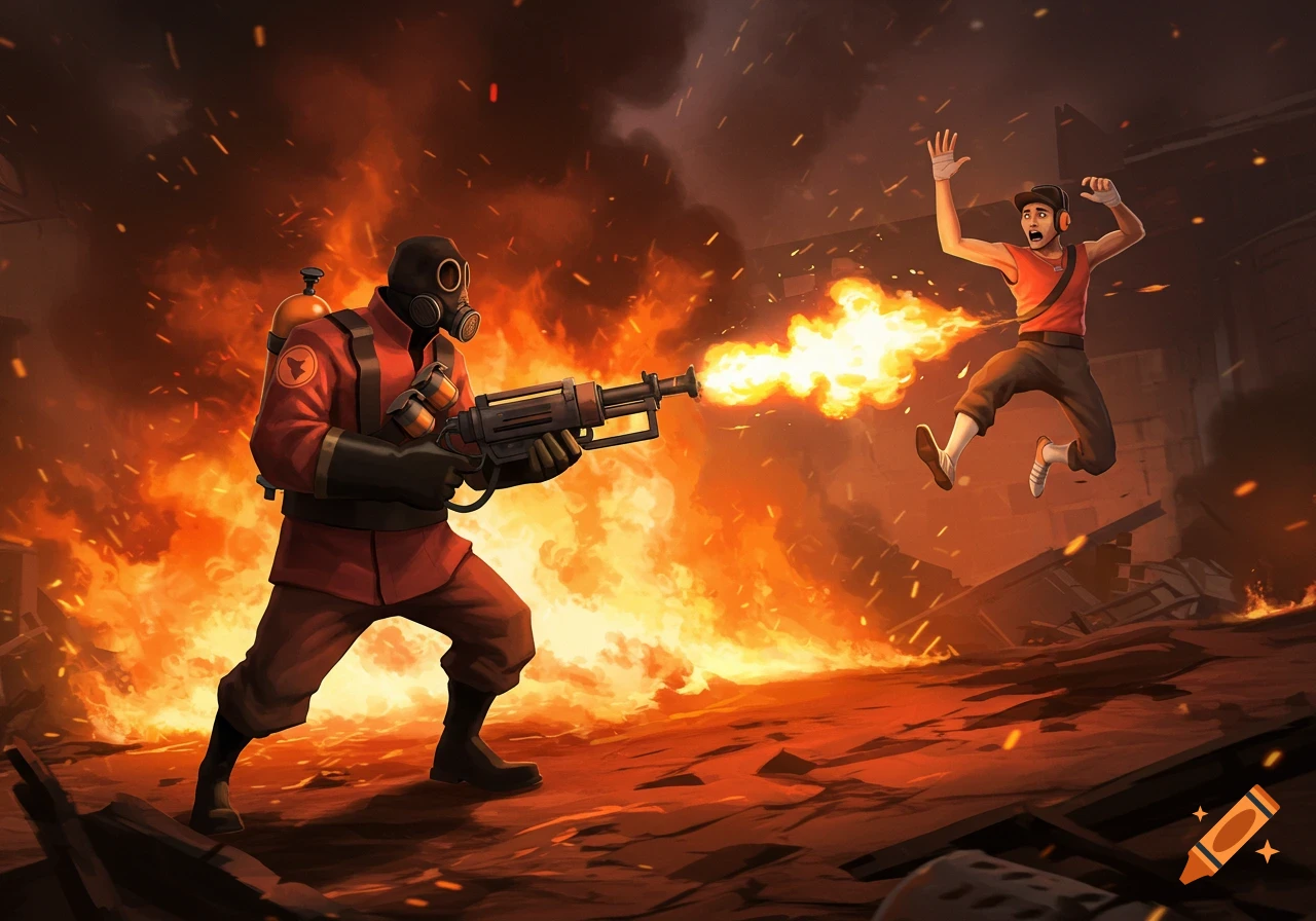 Pyro from Team Fortress 2 aims a flamethrower at a jumping, terrified Scout amidst a fiery, explosion-filled landscape.