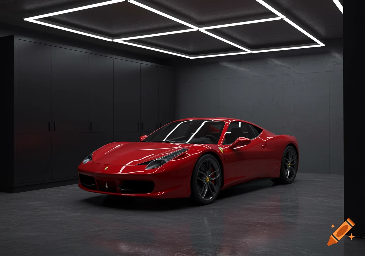 A red Ferrari sports car parked inside a modern dark garage with grey floors and black walls.