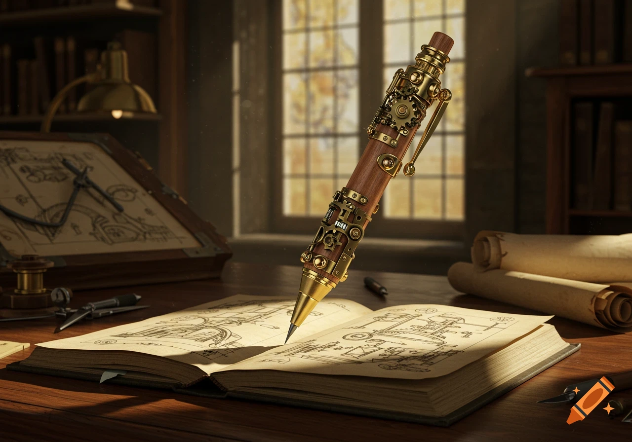A close-up of a detailed steampunk mechanical pencil with gears and brass accents floating above an open book displaying intricate blueprints, set in a vintage study.
