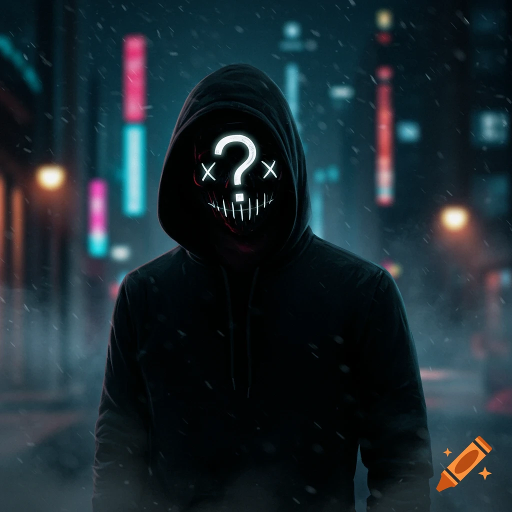 A person in a black hoodie and a glowing white question mark mask stands in a dark, rainy city street at night.