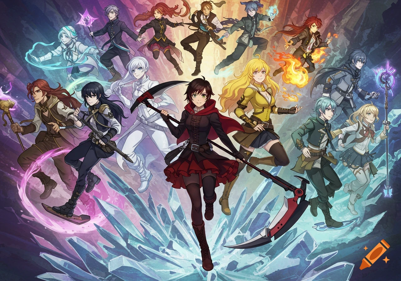 A large group of anime-style characters in dynamic poses, some with weapons and elemental powers, amidst a glowing icy landscape.