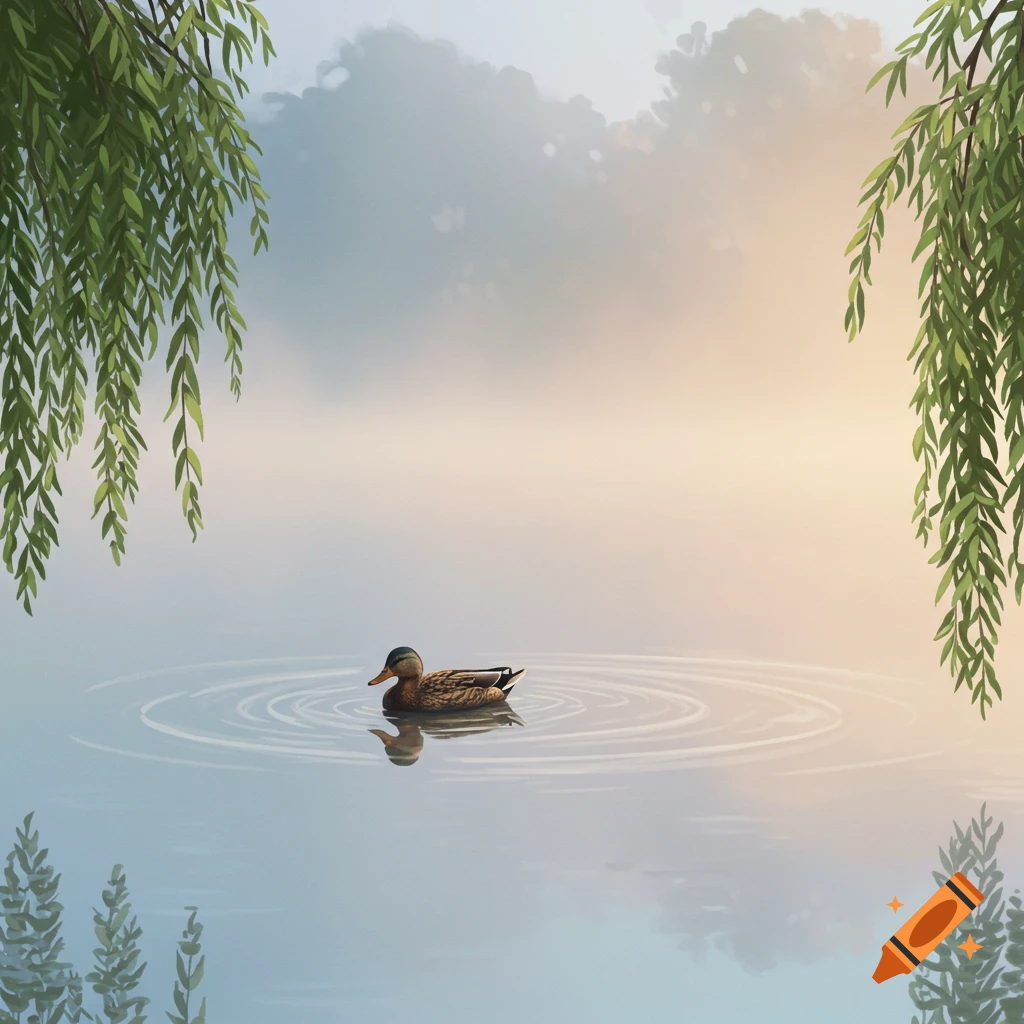 A duck floats on calm water with ripples, framed by weeping willow branches against a soft, misty sky.