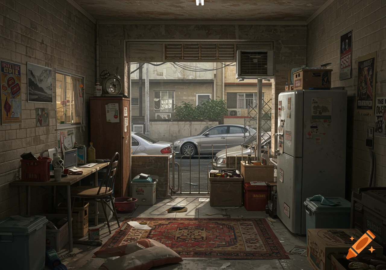 A cluttered, photorealistic room resembling a garage or messy apartment, with a desk on the left, a large fridge on the right, and a red rug on the floor. Cars are parked visible outside the open garage door.
