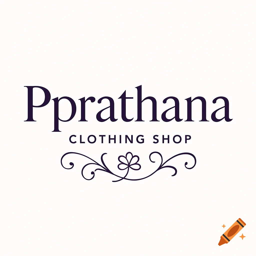 A minimalist purple logo for 'Pprathana CLOTHING SHOP' with a floral flourish on a white background.