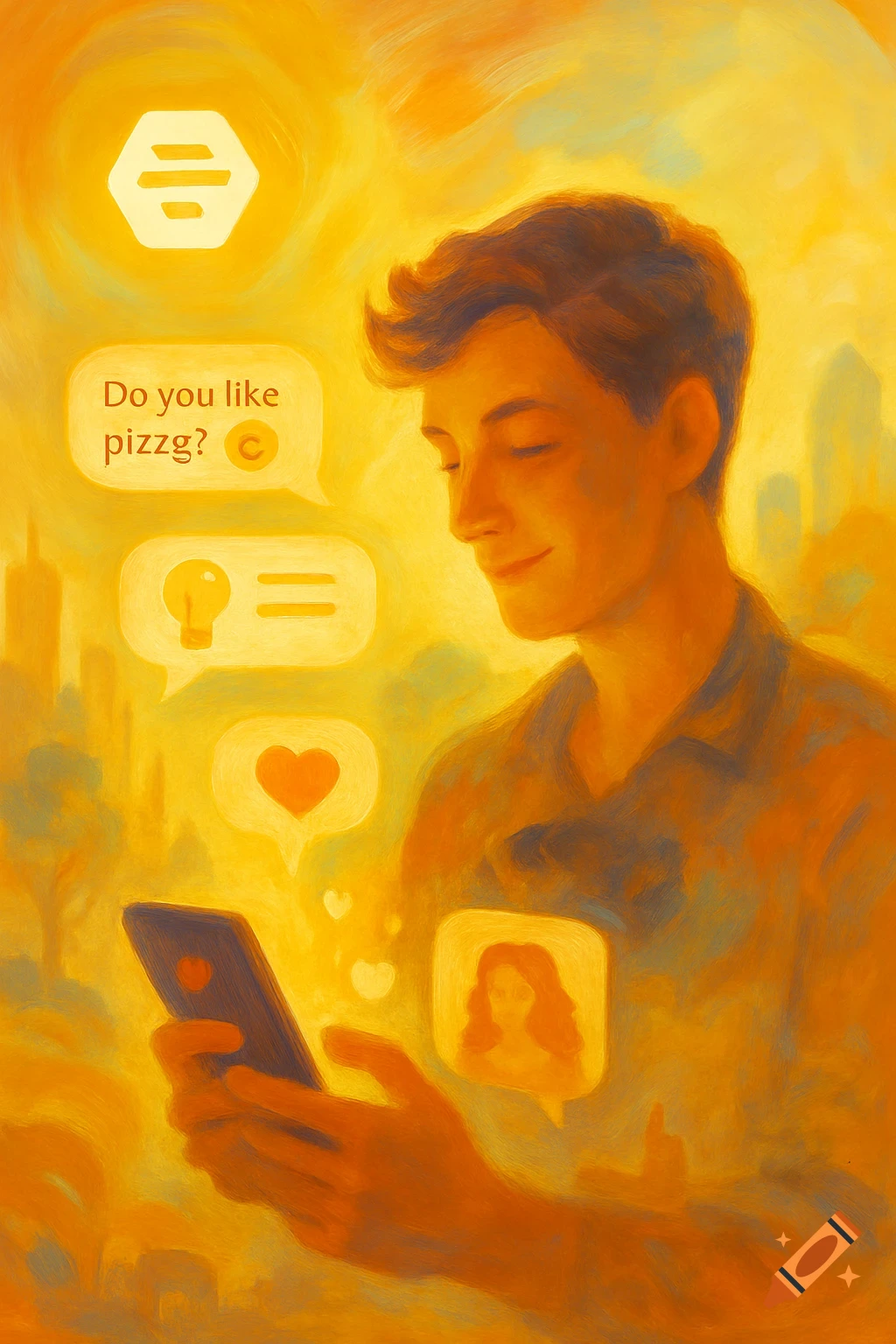 A young man looks at his phone with a subtle smile, engaged in a dating app conversation, depicted in warm, painterly digital art.