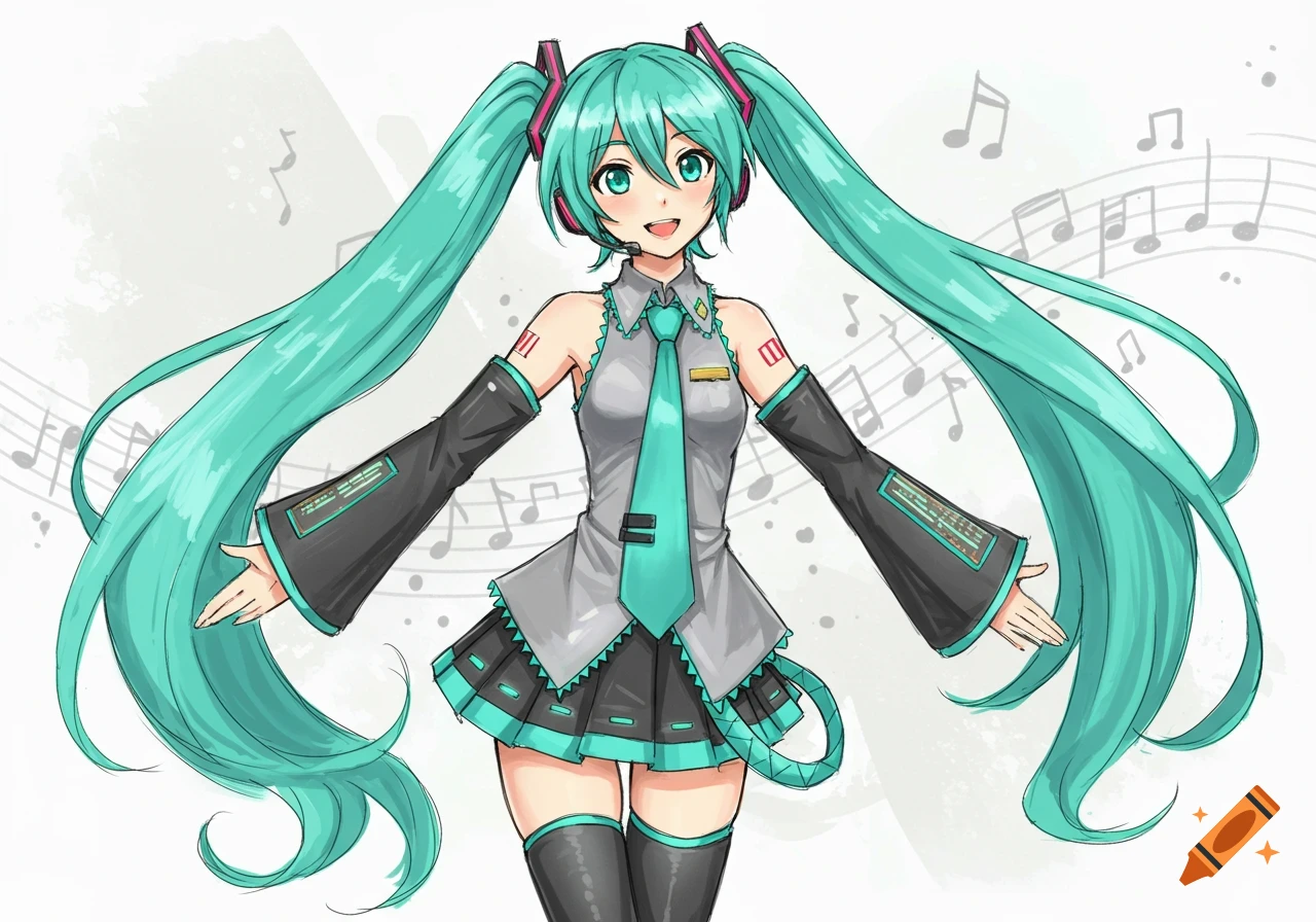 Hatsune Miku, an anime girl with long turquoise pigtails, in her signature grey and turquoise outfit, smiling against a background of musical notes.