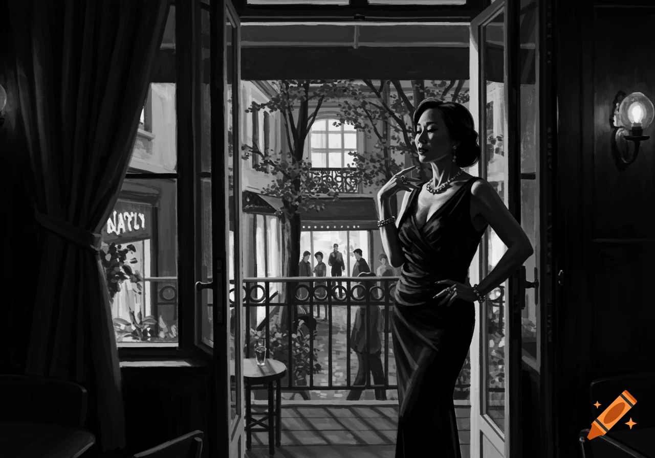 Elegant woman in a long dress on a balcony overlooking a city street at night, painted in black and white.