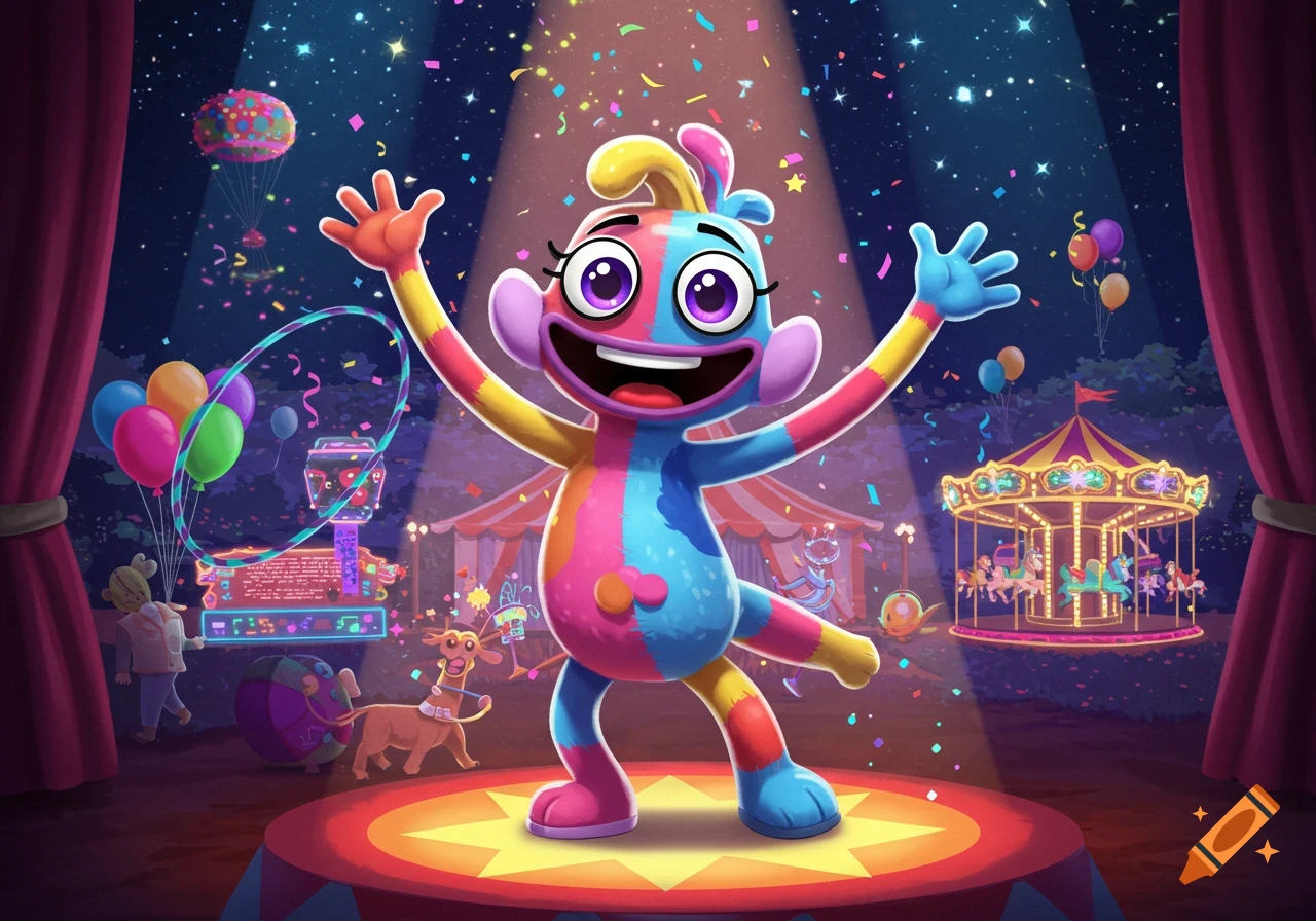 A vibrant, multi-colored cartoon character with big eyes and a wide smile stands on a circus stage, arms raised, showered in confetti, with a carousel and balloons in the festive background.
