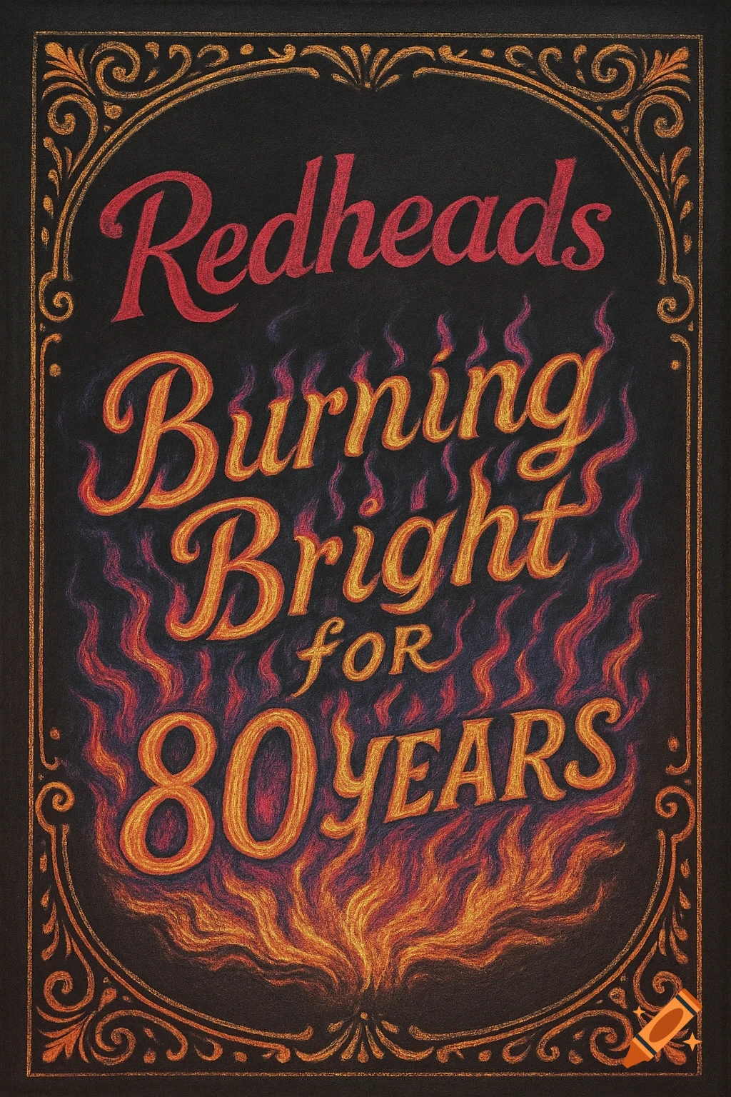 Vintage chalk art illustration with 'Redheads Burning Bright for 80 Years' in flame letters and an ornate border.