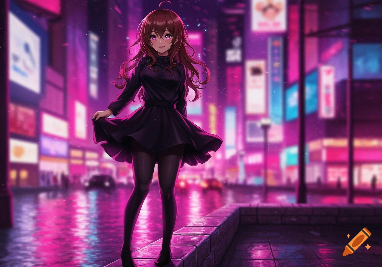 Anime girl with long brown hair and purple eyes, wearing a black dress and tights, standing on a ledge in a neon-lit city at night.