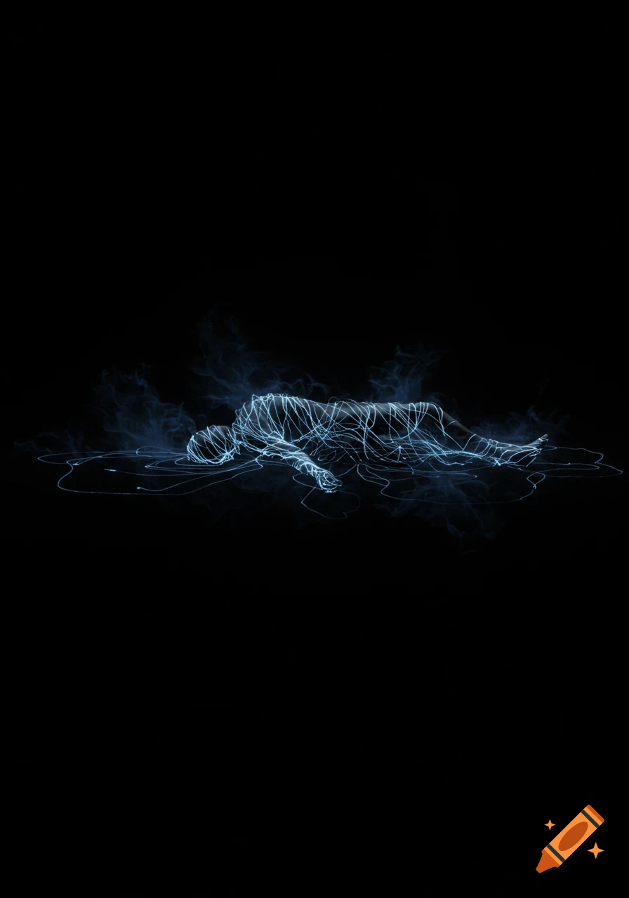 A glowing, ethereal outline of a person lies on a smoky surface in a dark void.