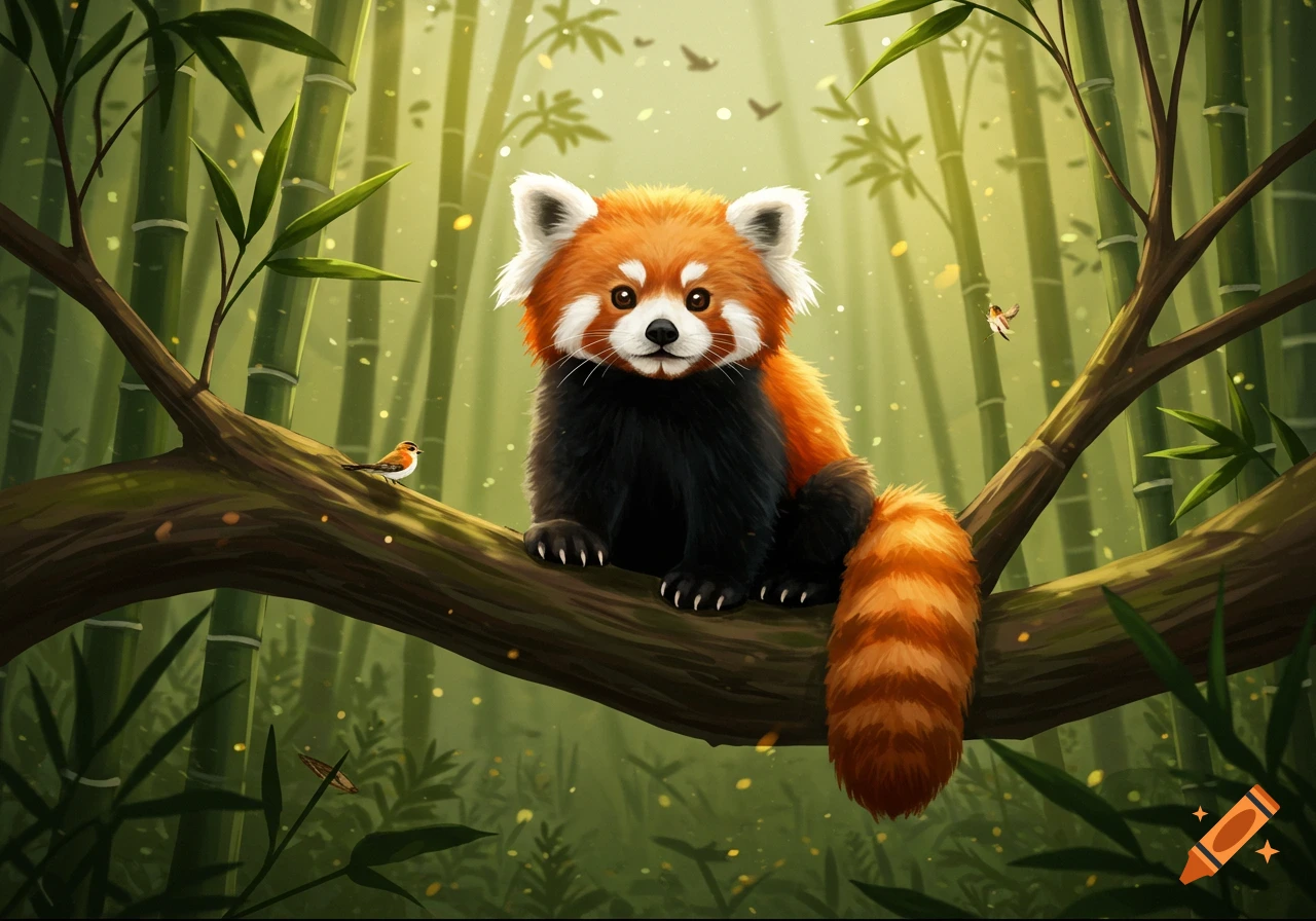 An adorable cartoon red panda sits on a tree branch in a lush bamboo forest.