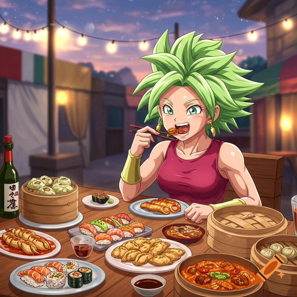 Anime character Kefla from Dragon Ball Super enjoys a large meal of sushi, dumplings, and other Asian dishes at an outdoor restaurant at sunset.