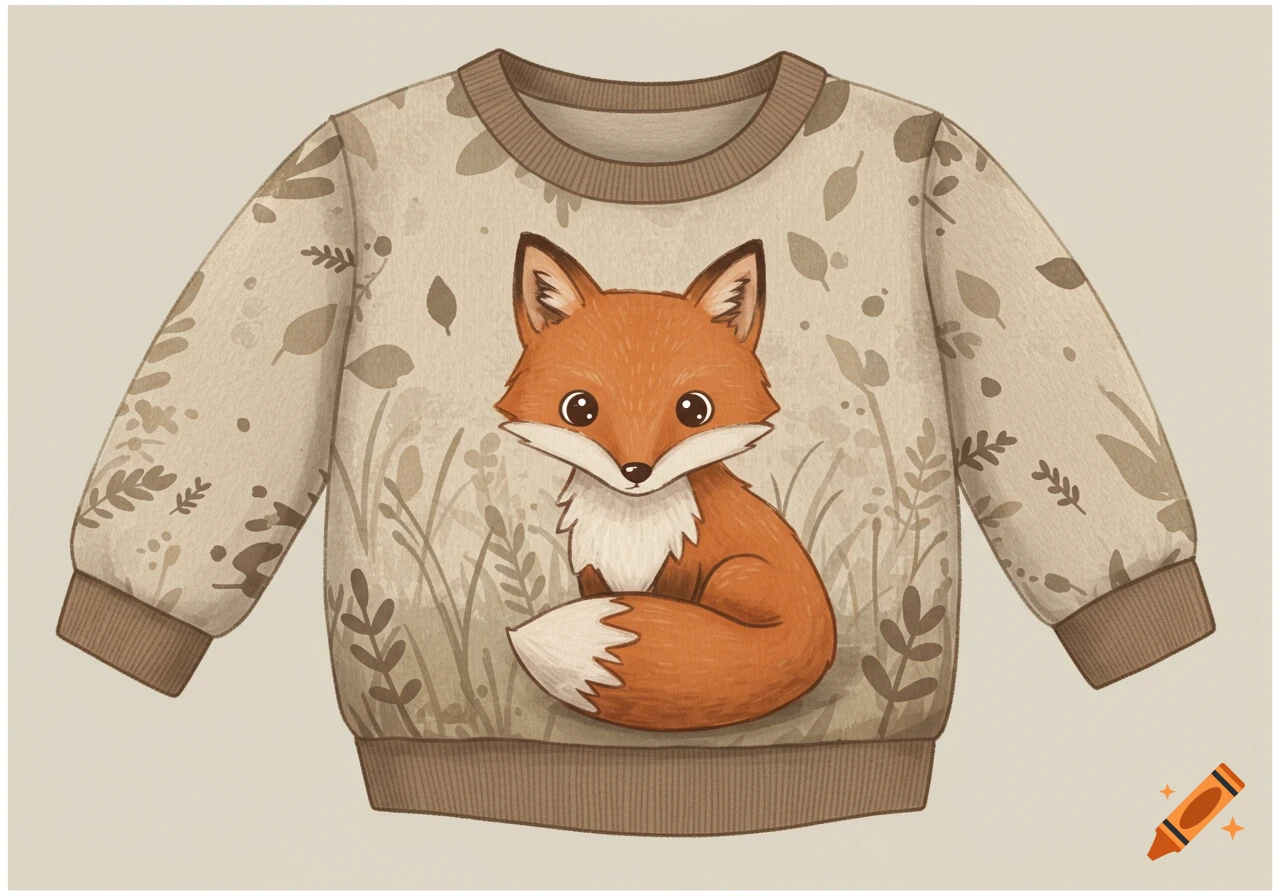 Watercolor illustration of a beige kid's sweater with a cute orange fox and brown botanical patterns.