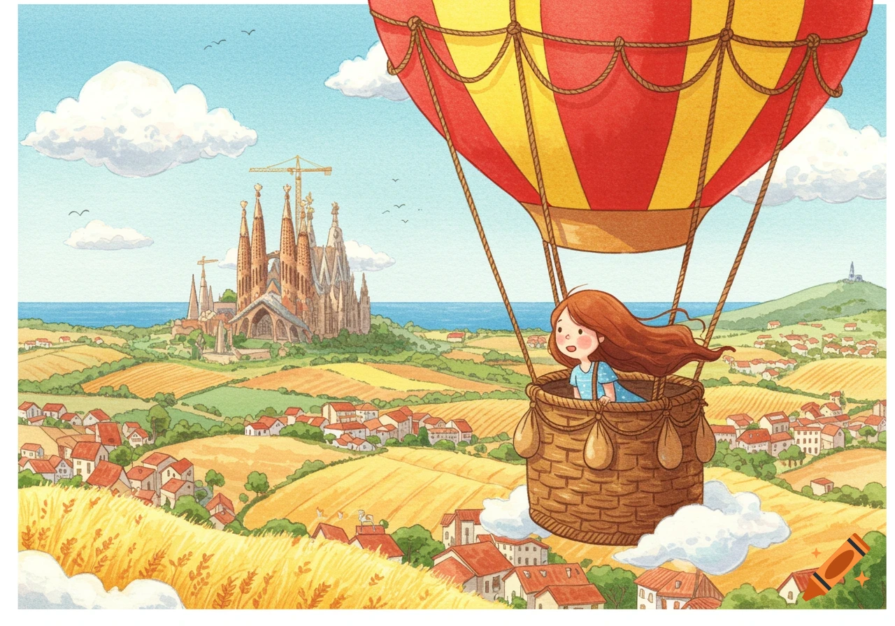 Whimsical illustration of a girl in a hot air balloon flying over a Spanish landscape with a city and a cathedral.