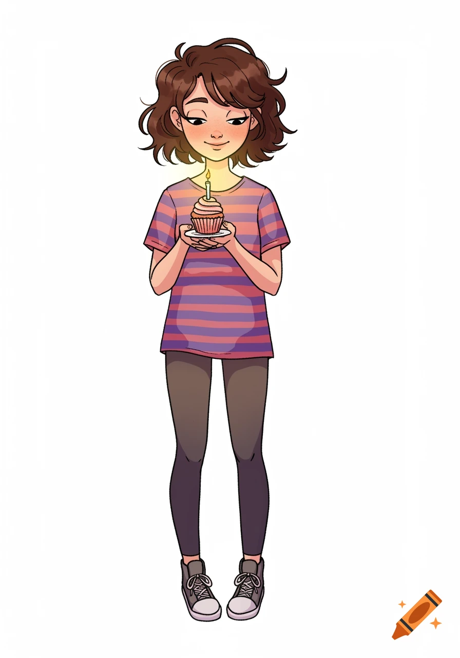 A cartoon girl with brown curly hair wears a striped shirt and leggings, holding a cupcake with a lit candle on a white background.