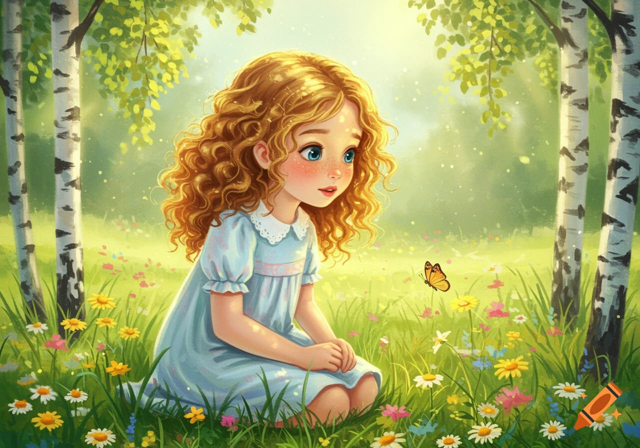 A cute animated girl with curly hair and blue eyes kneels in a sunlit meadow full of colorful wildflowers, looking at a butterfly.