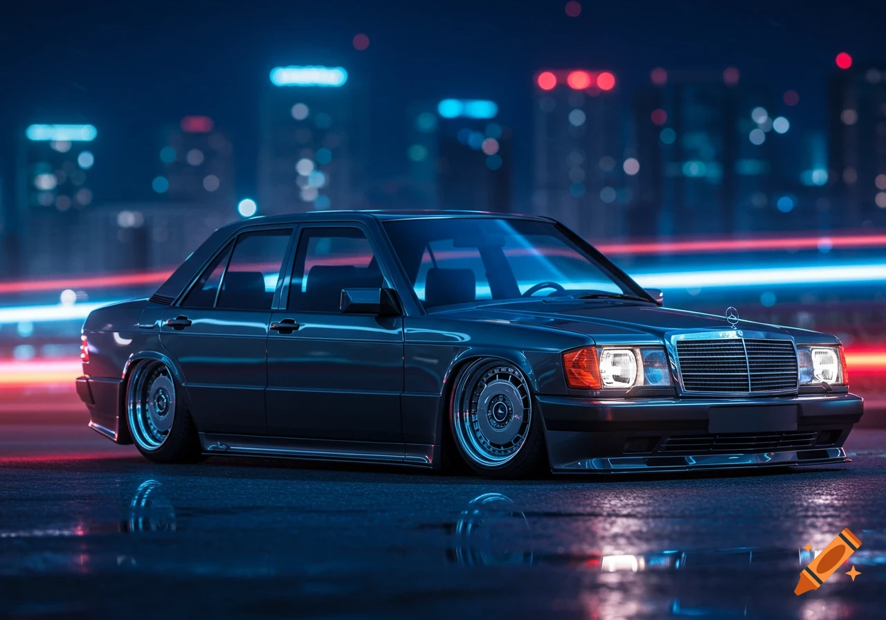 A dark gray, lowered Mercedes-Benz 190 parked on a wet street at night with a blurred city lights background.