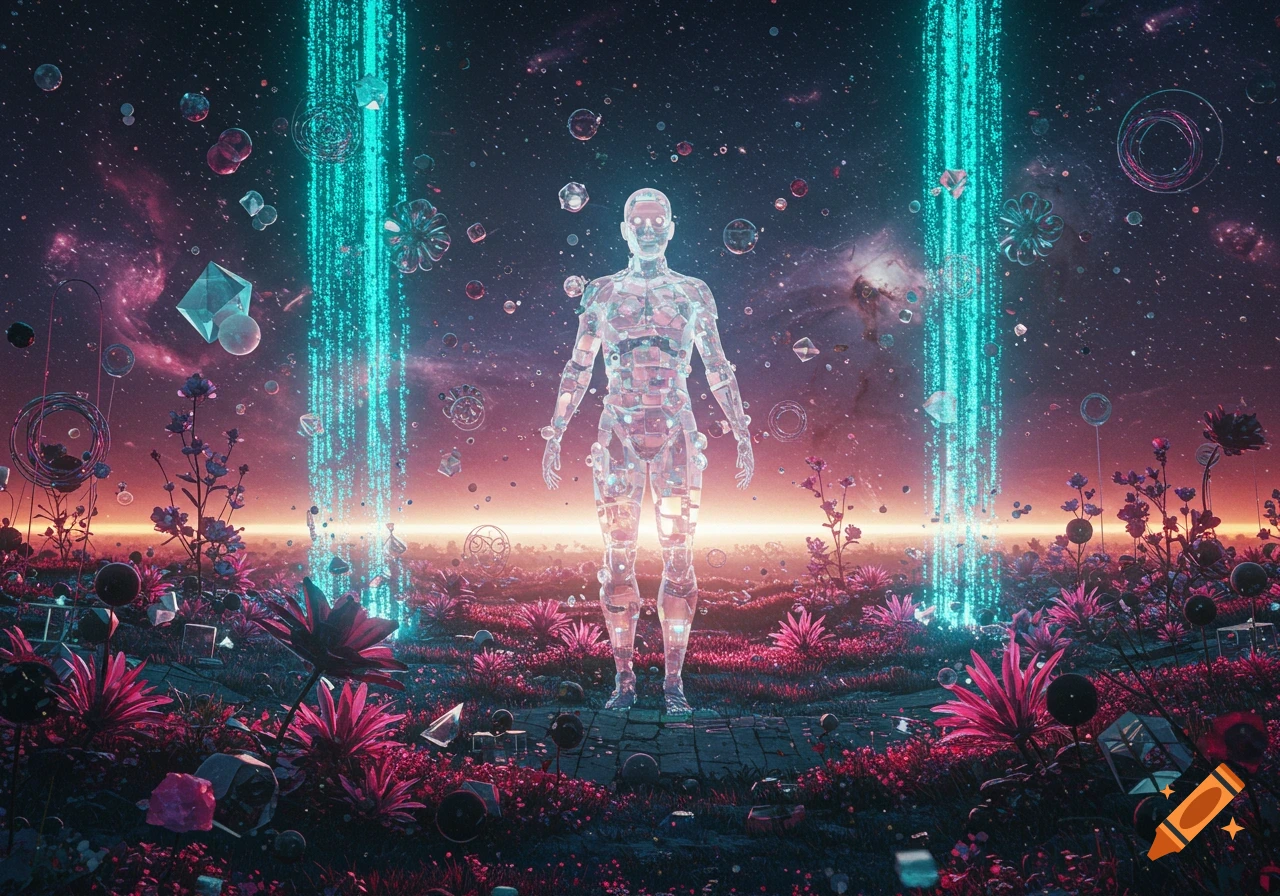 A crystalline humanoid stands in a vibrant, surreal alien landscape with pink flowers, under a cosmic sky with binary code light beams.