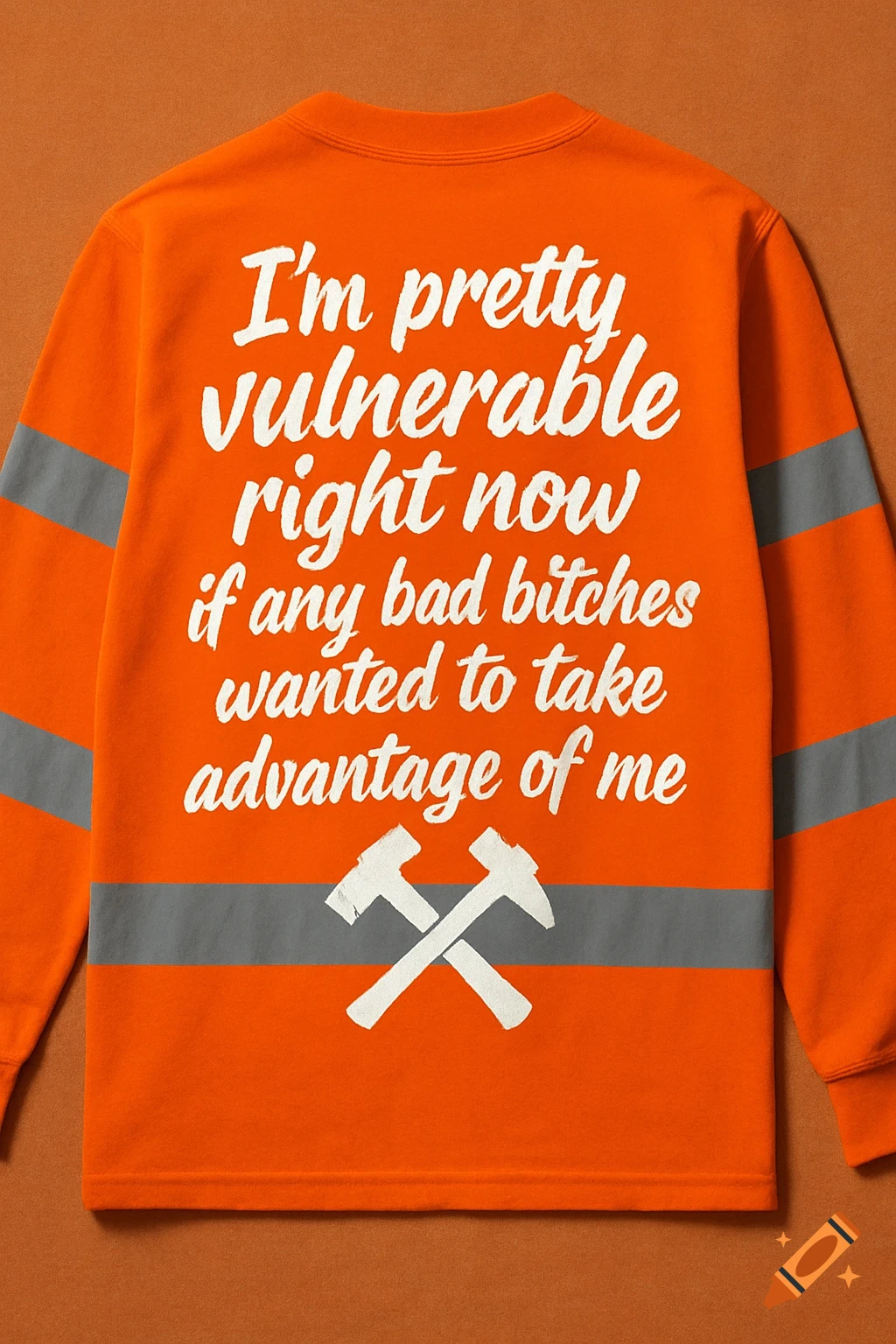 Back of an orange long-sleeve work shirt with white text 'I'm pretty vulnerable right now if any bad bitches wanted to take advantage of me' and crossed hammers.