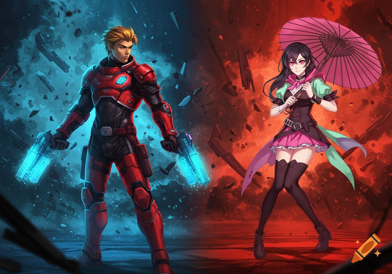 A male character in red futuristic armor with glowing guns and a female character in a dress with a pink umbrella stand against a split red and blue background.