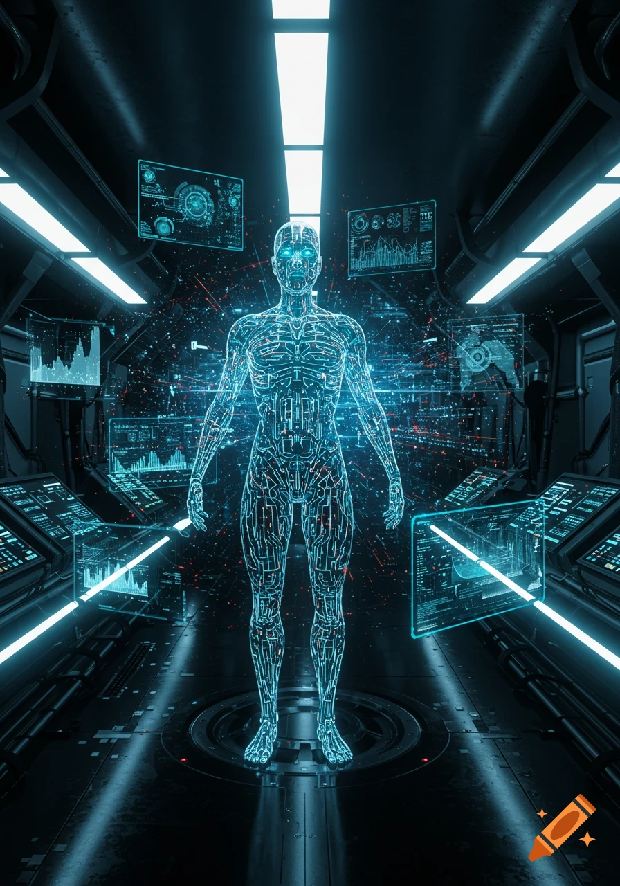 A glowing blue humanoid figure made of circuit lines stands in a dark, futuristic server room, surrounded by holographic screens displaying data and graphs.